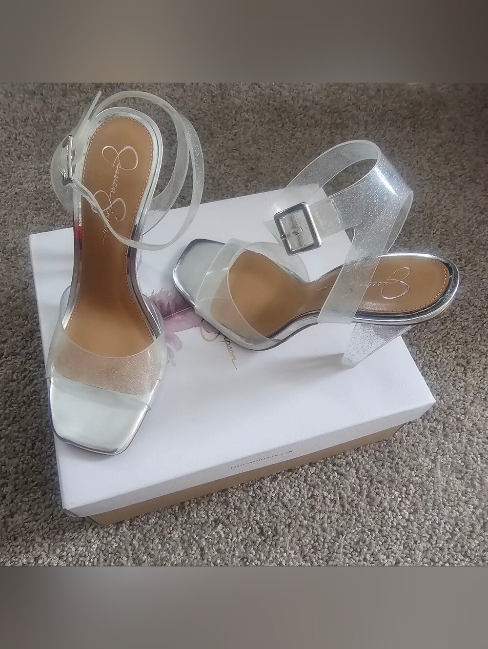 Jessica Simpson Glitter Clear Strappy Block Heels - Silver/Clear